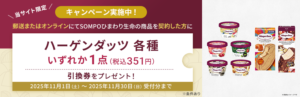 郵送またはオンラインにてSOMPOひまわり生命の商品を契約した方にハーゲンダッツ各種いずれか1点（税込351円）引換券をプレゼント！
