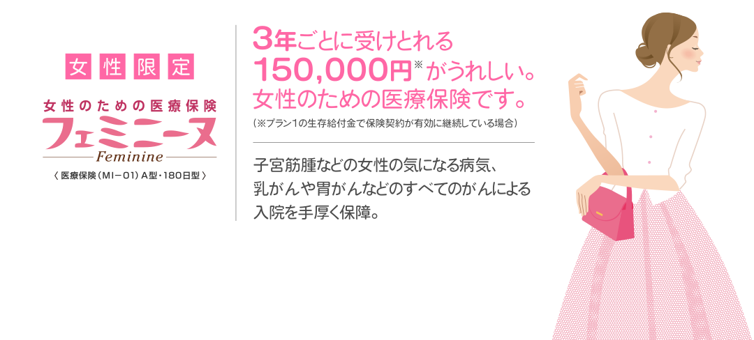 女性のための医療保険フェミニーヌ。子宮筋腫などの女性の気になる病気、乳がんや胃がんなどのすべてのがんによる入院を手厚く保障。